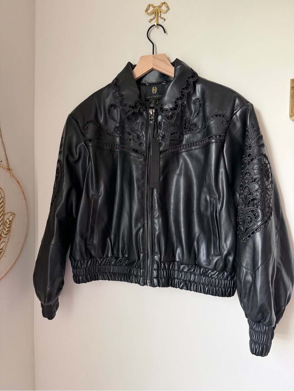 House of Harlow 1960 Black floral Embroidered faux Leather zip up Jacket